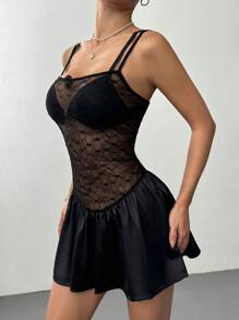 Flirla Vestido corto para mujer estilo minimalista de bailarina con tirantes de spaghetti, encaje floral de rosa negra, para primavera/verano - Negro - Ver 6