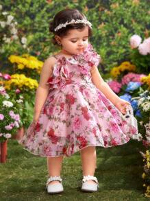 SHEIN 女婴可爱优雅花卉欧根纱连衣裙，夏季 - 粉色 - 查看 1