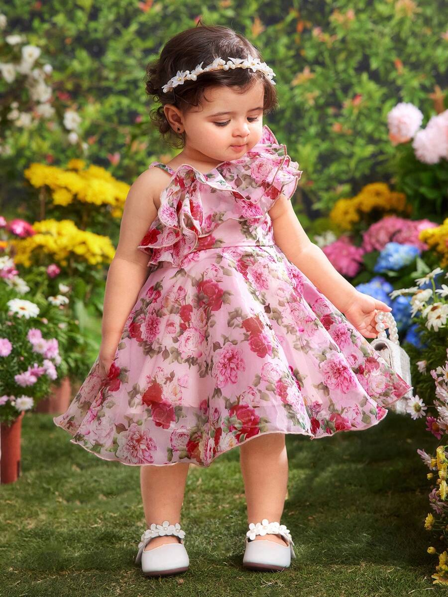 SHEIN 女婴可爱优雅花卉欧根纱连衣裙，夏季 - 粉色 - 查看 1