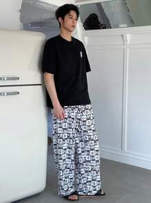 DAZY Men's Anime Pattern Print T-Shirt & Floral Pants Matching Pajama Set, Summer - Grey - View 8
