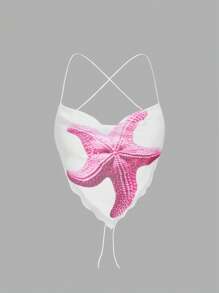 SHEIN MOD 白色印花背心，翻领和后背系带，夏季背心，海洋主题背心，邮轮服装，沙滩服装，外出背心 - 白色 - 查看 1