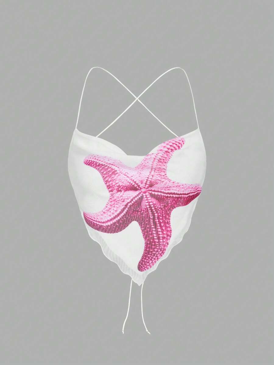 SHEIN MOD 白色印花背心，翻领和后背系带，夏季背心，海洋主题背心，邮轮服装，沙滩服装，外出背心 - 白色 - 查看 1