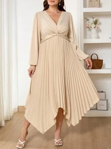 SHEIN Frenchy Plus Size Elegant Solid Color Lantern Sleeve Twist Elegant Women Dresses Old Money Pleated Midi Dress