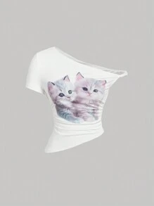 SHEIN MOD 不对称露肩可爱动物印花 T 恤、休闲 T 恤、节日 T 恤 - 白色 - 查看 1