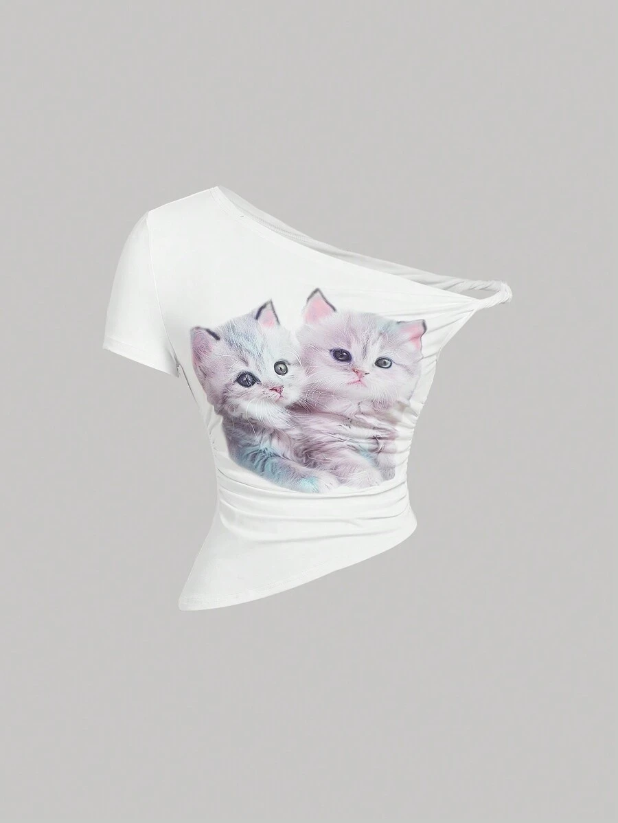 SHEIN MOD 不对称露肩可爱动物印花 T 恤、休闲 T 恤、节日 T 恤 - 白色 - 查看 1