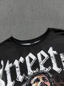 Manfinity VCAY Camiseta holgada de manga larga de punto con impresión digital 2 en 1 para hombre