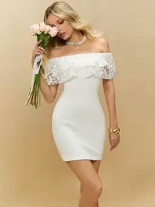 Poéselle 女式白色蕾丝露肩修身休闲迷你连衣裙、女士优雅连衣裙、婚礼宾客连衣裙、白色新娘送礼会礼服、女士夏季服装 - 白色 - 查看 1