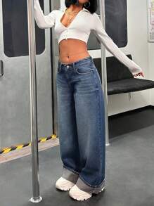 EURMUSE WOMEN LOW WAIST WIDELEG CASUAL STREET WEAR FOLD UP DETAIL - Dark Wash - View 3