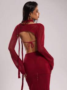 SHEIN BAE Women Burgundy Red Hollow Out Long Sleeve Cropped Vest And Halter Neck Knit Top 2 Pieces Set,Autumn Chic Club Night Vacation Beach Outfits - Red - View 2