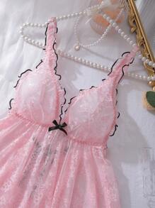 PetitDoll 2pcs Lovely Sexy Floral Lace Ruched Bowknot Babydoll Lingerie Set With G-String In Black And Pink Bowknot, Rave - Pink - View 9