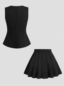 Sweetra Plus Size Solid Color Sleeveless Simple Top And Casual A-Line Skirt Set - Black - View 2