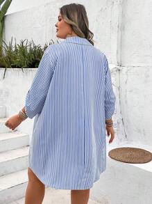 SHEIN CURVE+ Floral Print Blue & White Striped Simple Casual Comfortable Plus Size Shirt Dress Boho Vacation