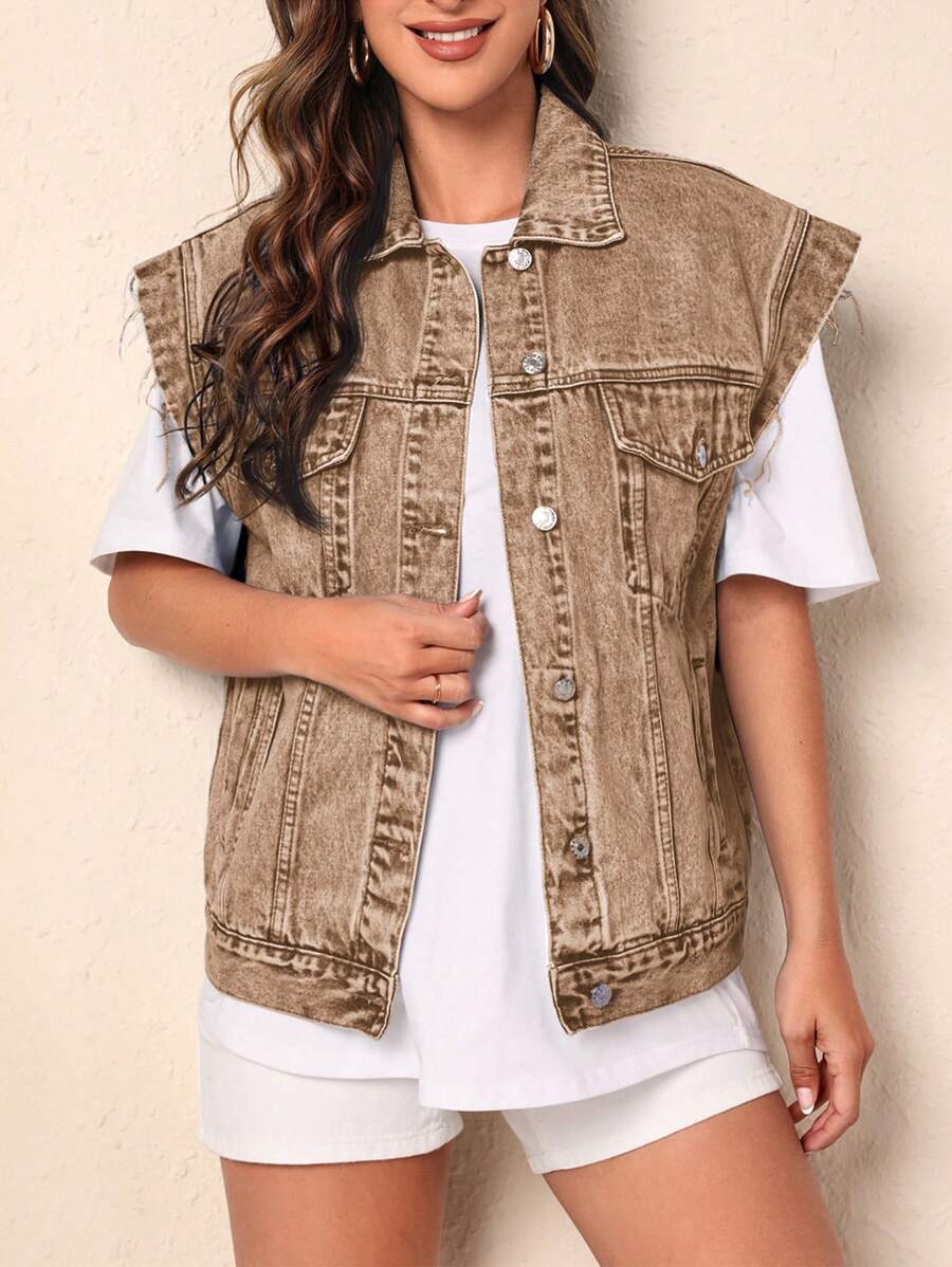 SHEIN Frenchy Washed Distressed Sleeveless Denim Jean Jacket, Casual Vacation Wear - Mocha Brown - View 1
