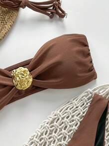 SHEIN Swim Ladies' Springbreak Sexy Casual Coffee Color Gold Jewelry Decor Spaghetti Strap High Cut Pants Bikini Set - Rust Brown - View 5