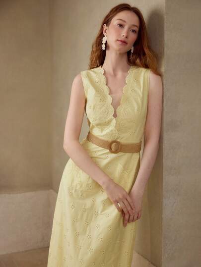 MOTF PREMIUM 100% COTTON EYELET EMBROIDERY SLEEVELESS MIDI DRESS, SUMMER DRESS