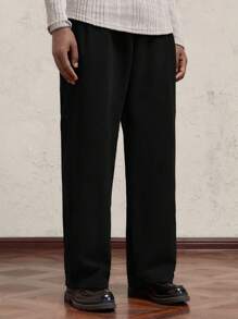SHEIN X ELOISA & ORSON AKNOTIC Business Casual Pantalones casuales holgados de pana para hombre con decoración de letra metálica, cintura elástica y pierna recta