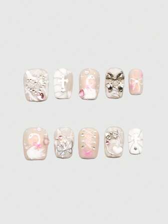 Kawaii 10pcs Cute Bowknot Elegant Handmade Press-On Nails+3 Sheets Double-Sided Adhesive, Removable Y2K Hand-Painted Swan Cross Nail Stickers, High-Quality Mixed Color Manicure, Suitable For Holidays, Parties, Dancing And Daily Wear