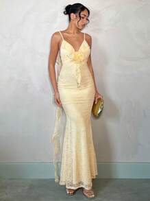 SHEIN BAE Vestido amarillo pálido de encaje para vacaciones, vestido de verano, vestido de primavera, vestido pastel, vestido de playa para damas, vestido largo de playa, vestido largo de verano, vestido de boda, vestido de dama de honor con volantes para el verano, atuendos de verano para mujeres - Amarillo - Ver 2
