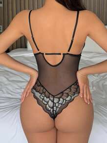 DAZY Spaghetti Strap Lace See-Through Deep V Neck Backless Bodycon Jumpsuit, Sexy - Black - View 2