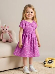 Young Girl Casual Allover Print Cinched Waist Dress - Multicolor - View 1