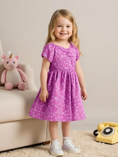 Young Girl Casual Allover Print Cinched Waist Dress