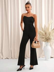 SHEIN Clasi Women's Elegant Black Knitted Strapless Front Button Jumpsuit - Black - View 3