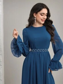 Graceveil French Style Puff Sleeve Beaded Waist Slim Fit Dress,Modest