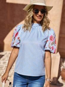 LanaWest 女士休闲西部乡村花卉泡泡袖荷叶边领格子衬衫 - 藍色 - 查看 6