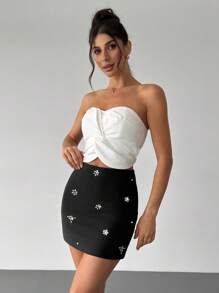 SHEIN Privé Women Elegant Rhinestone Decor Sleeveless Casual High Waist Skirt - Black - View 6