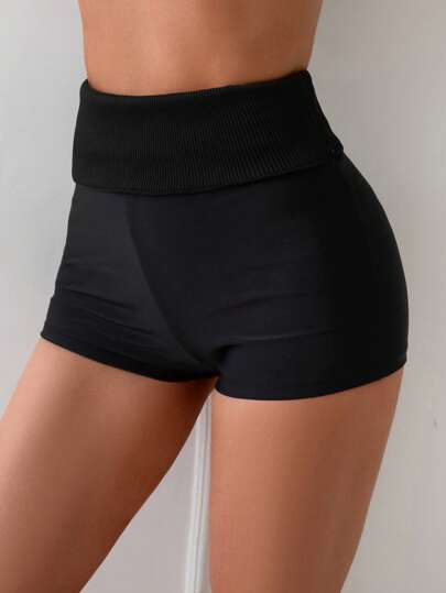 Swim SPRTY Women's Solid Color High Waisted Sports Style Beach Swim Shorts, For Summer Vacation