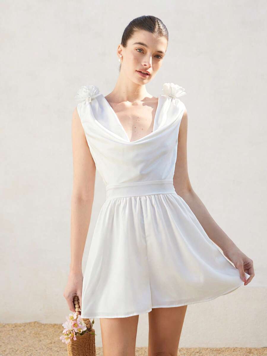 Aveloria Rosie Women's Solid Color Sleeveless Wrap Front Satin Texture Decorated Romper Elegant FashionableOld Money Style For Summer - White - View 1