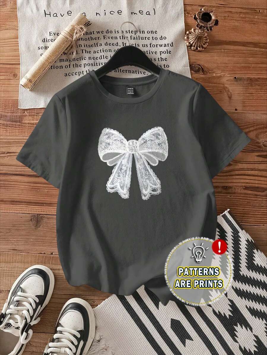 Attitoon Casual White Lace Butterfly Decor Dark Gray Round Neck Short Sleeve Loose T-Shirt For Women, Cotton Blended, Suitable For Summer