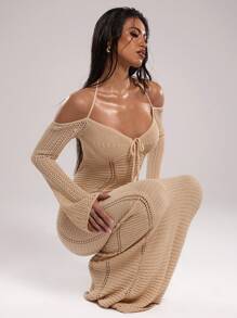 SHEIN BAE Vestido de punto ajustado con hombros descubiertos y lazo delantero de unicolor, ropa de San Valentín, atuendos de vacaciones, atuendos de verano para mujer, suéteres para mujer, vestidos de verano para mujer, atuendos de playa para mujer, ropa occidental para mujer, vestido de suéter para mujer, vestido de verano para mujer en otoño/invierno