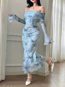 DAZY 女式中长款花卉露肩鱼尾连衣裙优雅秋季连衣裙长袖连衣裙 - 藍色 - 查看 6