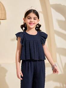 SHEIN Young Girl Woven Solid Color Round Neck Ruffle Trim Top And Woven Loose Wide-Leg Pants 2 Pieces Set