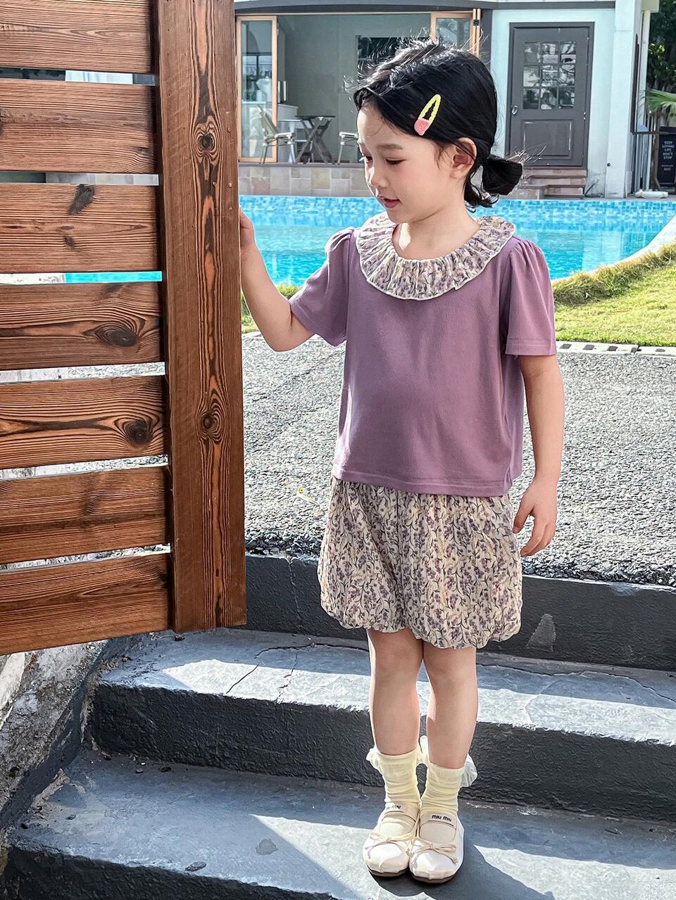 Young Girl Floral Print Ruffle Hem Short Puff Sleeve Top & Shorts 2pcs Set,Girls Summer Outfits Vacation