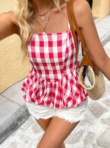 Breezaya Top feminino xadrez com cintura franzida e peplum, regata casual, para férias e uso diário - Multicolorido - Ver 1
