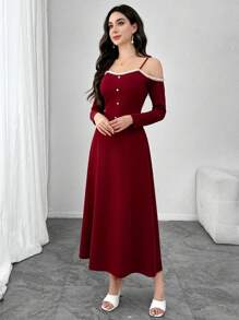 Modelyn Women's Korean Style Charming V-Neck Camisole Dress With Floral Lace Trim, Fitted And Slimming, Long Length - Burgundy - View 5