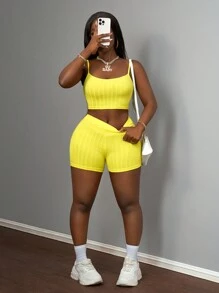 Slaydiva 2pcs/Set Women Solid Color Minimalist Spaghetti Strap Top And Shorts Knit Casual Outfit - Mustard Yellow - View 6