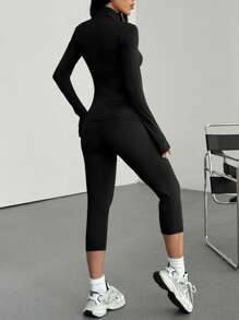 Muchica 黑色针织紧身长袖短款上衣和紧身裤运动套装 - 黑色 - 查看 2