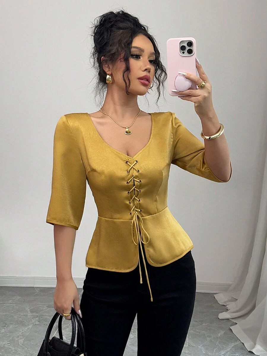 Elenzga 前系腰拼接旗袍领口设计简约春夏女式衬衫 - 金色 - 查看 1