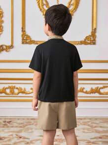 2-Packs Young Boy Casual Sports College Art Retro Half-Length Black T-Shirt And Khaki Shorts Set With Ribbons Suitable For Daily Use,School,Travel - Black - View 5