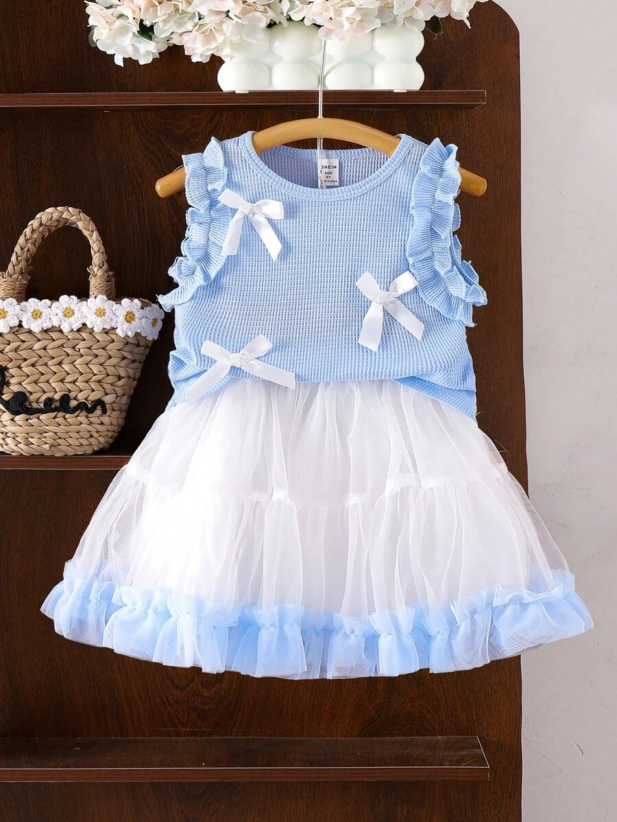 2pcs/Set Young Girl Blue Knitted Vest Top With Ruffled Trim And White Bow Design, Paired With Mesh White Skirt, Comfortable & Cute Summer Holiday Outfit - Baby Blue - View 1