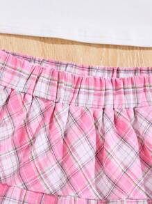 SHEIN Leap Crew 3pcs/Set Plaid Pattern Sweet & Cute American Campus Style Casual Outfit Set For Teen Girls, Versatile - Pink - View 3