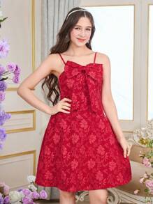 Teen Girl Sleeveless Short Dress,Red Summer Elegant Satin Party Mini Dress,Textured Fabric Fitted Silhouette,Detachable Bow Decor Waist Cinched Skirt - Red - View 3