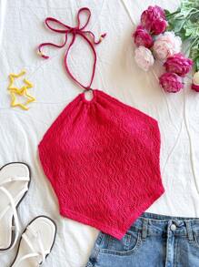 Soleia Textured Crochet Tie Front Halter Backless Top, Vacation Wear - Hot Pink - View 5