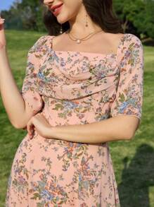 Modelyn Vestido de gasa con cuello drapeado, mangas cortas y cintura alta para mujer