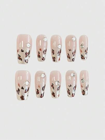 Kawaii 10pcs Y2K Leopard & Star Handmade High-Quality False Nails + 3 Sheets Double-Sided Adhesive, Y2K Gothic Nail Art, Removable Cat Eye Contrast Color Hand-Painted Nail Art Stickers, Suitable For Holidays, Parties, Dancing, And Daily Wear, Halloween