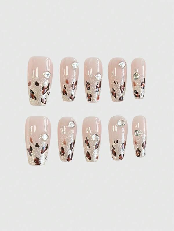 ROMWE Kawaii 10pcs Y2K Leopard & Star Handmade High-Quality False Nails + 3 Sheets Double-Sided Adhesive, Y2K Gothic Nail Art, Removable Cat Eye Contrast Color Hand-Painted Nail Art Stickers, Suitable For Holidays, Parties, Dancing, And Daily Wear, Halloween