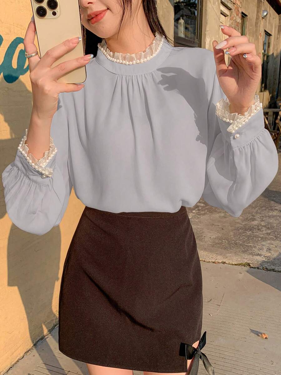 DAZY Women Faux Pearl Decor High Neck Plain Casual Blouse,Fall Clothes - Grey - View 1